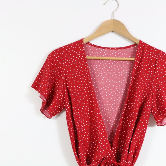 *SHEIN Holidaya Polka Dot Knot Side Wrap A-line Red Dress - Picture 5 of 9